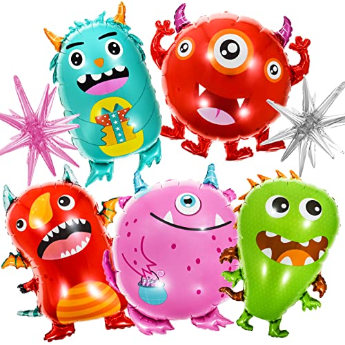 Monster Party Balloons Decorations 2pcs Foil Stars Balloon and 5pcs Aluminum Monster Theme Balloon Set Decor Supplies for Kids Birthday Halloween Christmas Party