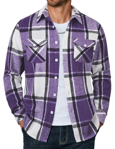COOFANDY Mens Flannel Shirt Jacket Long Sleeve Button Up Jacket Plaid Button Down Shirt Purple