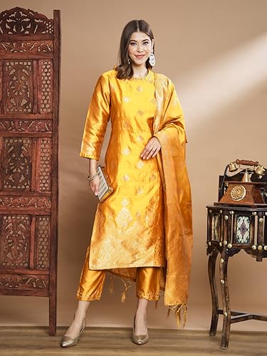 Image of VredeVogel Women's Cotton Silk Jacquard, Banarasi Silk Kurta Pant With Dupatta Set