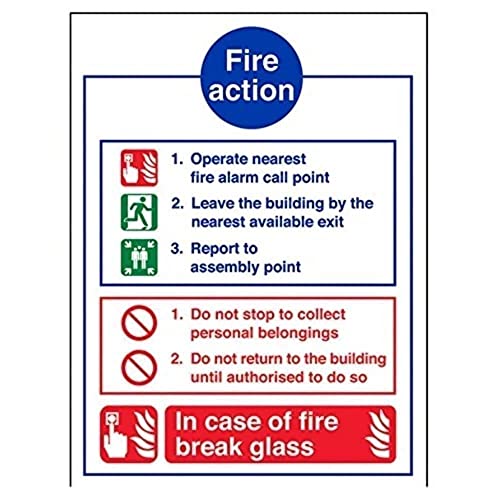 V Safety 12012AN-S General Fire Action Break Glass Sign - Portrait - 150mm x 200mm - Self Adhesive Vinyl, Blue/Green/Red