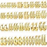 30 Pairs Chunky Gold Hoop Earrings for Women: 14K Gold Plated Lightweight Hypoallergenic Stack, Chunky Hoop Earrings Jewelry Set