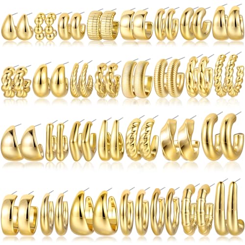 6 Pairs Chunky Gold Hoop Earrings Set for Women 14K