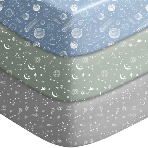 Image of Unnivoll Baby Crib Sheets for Boys Girls, Fitted Crib Sheet Neutral 3 Pack for Standard Crib and Toddler Mattress, Breathable Soft Microfiber Baby Sheet 28x52x8in Gray Green Constellation