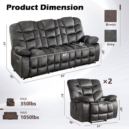 Image of HAOMARKETS 3 Pieces Recliner Sofa Furniture Set, Include 2 Power Recliner Chairs with Message&Heat and a 3-Seater Reclining Couch for Living Room, Grey