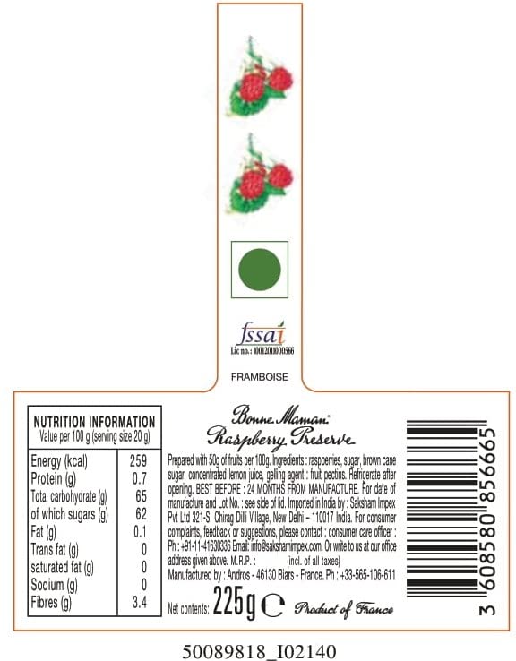 Image of Bonne Maman Raspberry Preserve Marmalade Fruit Jam, 7.9 oz ℮ 225 g