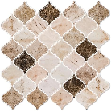 Thicker, WalDecoo Arabesque Peel and Stick Wall Tiles, Premium Brown 3D Self Adhesive Tile Stickers Stick on backsplash for Kitchen, Marble Peel and Stick backsplash for Kitchen (10 Tiles, 12”× 12”)