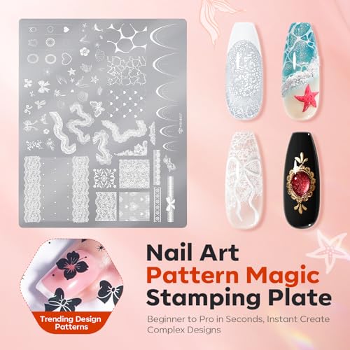 Image of Modelones 16PCS Lace Nail Stamping Kit, French Tip Stamper White Black Painting Gel Polish Chrome Powder Proof Matte Gel Top Coat Gingham Template Dual Nail Art Brush Spring Manicure Gift for Women
