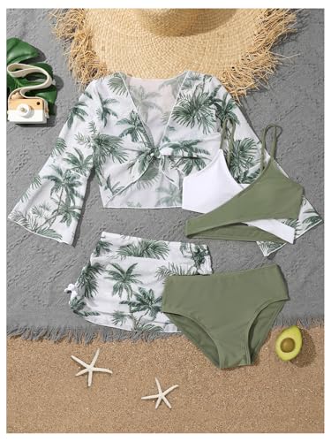 Image of WDIRARA Girl's 4 Piece Color Block Swimsuit and Coverup Set Tree Print Boho Swimwear