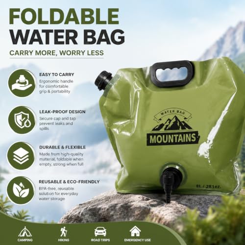 Image of HIKEMAN 8L Collapsible Water Bag with Spigot & Handle - BPA-Free Portable Camping Water Container (Dark Green)