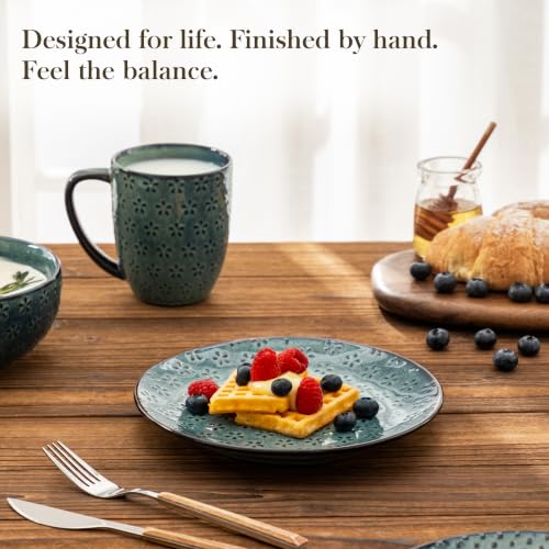 Image of MALACASA 16 Pieces Dinnerware Sets, Farmhouse Plates and Bowls Sets, Embossed Green Dish Set for 4, Vintage Relief Ceramic Dish Set with Mugs, Microwave and Dishwasher Safe, Series LYDIA