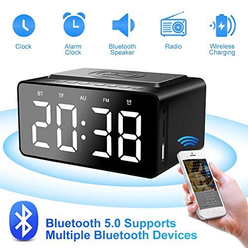 LINGSFIRE Wekker Nachtkastje Bluetooth-luidspreker FM-radio Niet tikkende met USB-oplader en draadloos QI-opladen, 3 niveaus digitaal dimbaar led-display, netvoeding met back-upbatterij - Image 3