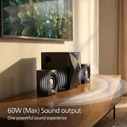 Image of Philips Audio 2.1 CH 60W Multimedia Speaker System with Bluetooth 5.3, USB,AUX,FM Radio,LED Display, Remote Controlled, 10.16cm Subwoofer, Wide Compatibility-MP3 Player,TV, PC (MMS2634 /94-Deep Black)