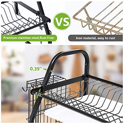 Dish Drying Rack, 1Easylife 2 Tier Dish Rack Stainless Steel with Utensil Knife Holder and Cutting Board Holder Dish Drainer with Removable Drain Board for Kitchen Counter Organizer Storage Black
