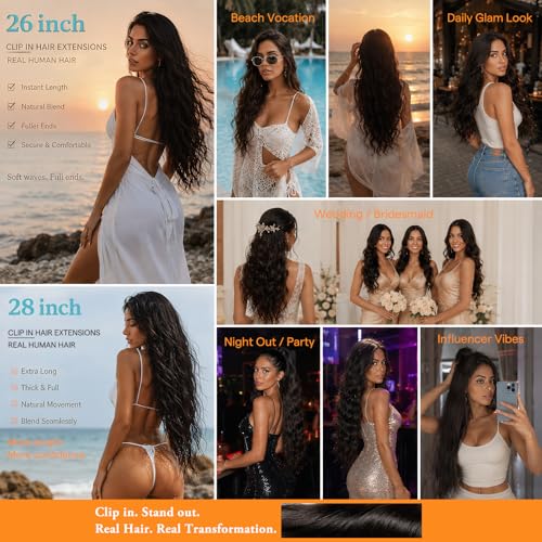 Image of Sunny Hair Clip in Hair Extensions Real Human Hair Dark Brown 26inch 190g | Clip in Human Hair Extensions Dark Brown Create Natural Coverage, Soft Texture Extra Long Hair and Silky Straight for Event