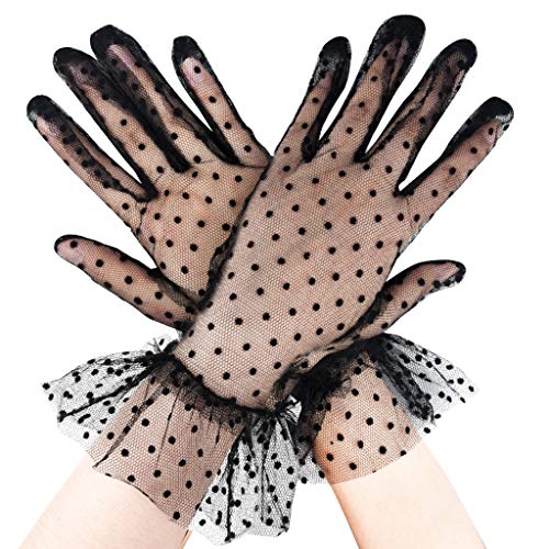 Lace Gloves Polka Dot Elegant Short Classic Costume Glove Courtesy Summer Gloves for Halloween Women Ladies Girls Parties Wedding Bride Etiquette Black