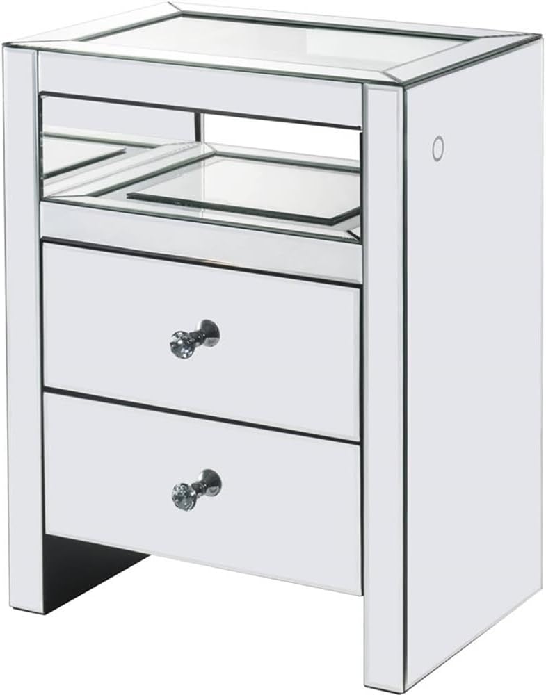BOWERY HILL Contemporary Nightstand with LED Lights, 20 in L x 14 in W x 26 in H, Mirrored Finish, Rectangular Glass Top, 2 Storage Drawers, Glam Style Bedroom Accent Storage Table