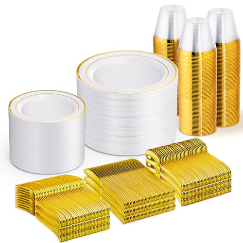 WELLIFE 600 PCS Gold & White Disposable Dinnerware Set for 100 Guests — White Plastic Plates with Gold Rim, Dinner & Salad Plates, Cups, Forks, Knives & Spoons for Weddings & Elegant Events