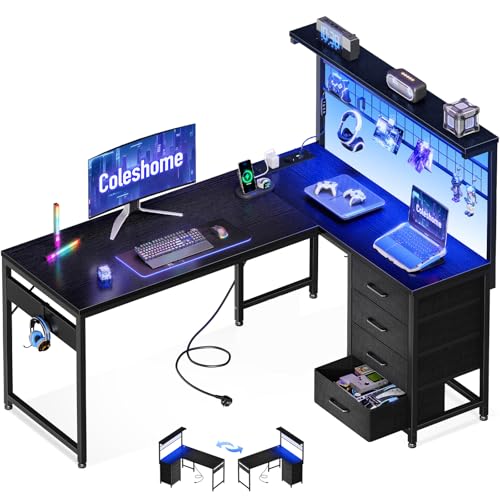 Coleshome Gaming Tisch mit LED, 130 × 100 cm Reversibler Gaming Schreibtisch mit Schubladen & Steckdosen, Eckschreibtisch mit Ablagefach & Stauraum, Schwarz