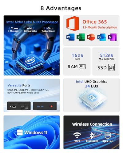 Image of Mini PC, 1 Year Office 365, Intel N100 (Beats i3-10110U /N95), 16GB RAM 512GB SSD, Mini Desktop Computers Windows 11, Dual 4K Display, HDMI /DP /WiFi /BT /Micro PC for Home Business Students