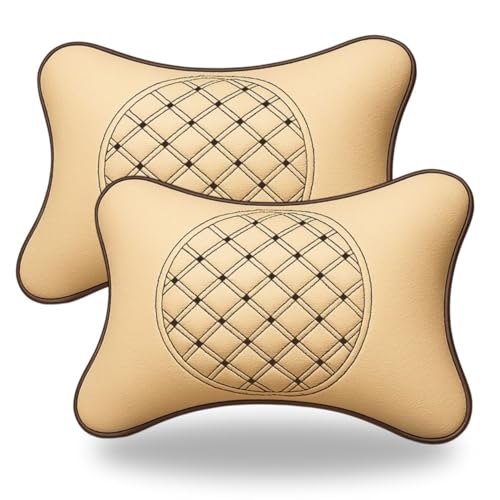 Image of AdroitZ Faux Leather 𝗨𝗡𝗜𝗩𝗘𝗥𝗦𝗔𝗟 Car Neck Rest Pillow | Premium Embroidery Cushion Neck Pain Relief | Head Rest Support for Long Drives | Headrest Interior Seat Accessories for All Cars(Set of 2)