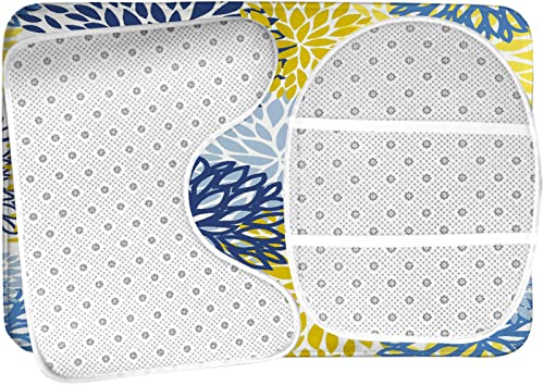 Badezimmerteppich-Set, 3-teilig, grün, Frühling, Blumen, Blau, Gelb und Marineblau, Chrysanthemen, waschbare Badteppiche, rutschfest, mit Rückenpolster, Konturteppich und Toilettendeckelbezug – Bild 6
