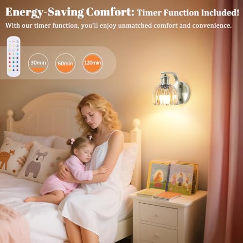Image of Rechargeable Battery Operated Wall Sconce Set of Two with Amber Glass Lampshade, Wireless Wall Scone Decor with Remote Control, 15 Colors Brushed Nickle Wall Light for Bedside Hallway Bedroom Doorway