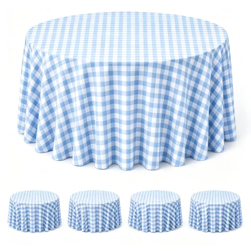 Image of WNINK 4 Pack Blue Gingham Round Tablecloth, 84 Inch Disposable Plastic Table Covers, Blue Checkered Round Table Cover for Birthday Parties, Holiday, Picnic, BBQ, Family Gathering Party Supplies