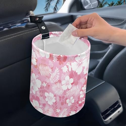 Image of Pink Tropical Flower Trash Can for Car Garbage Can for Back Seat Leak Proof with Adjustable Buttons Car Accessories for Women Interior