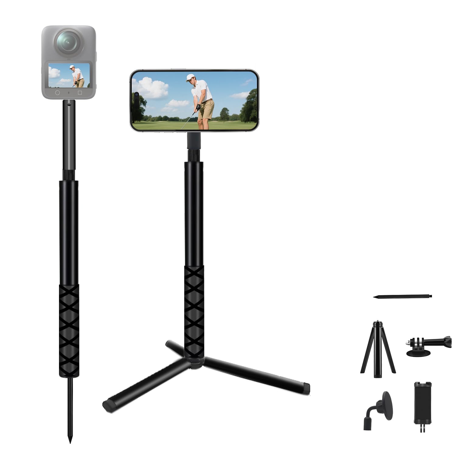 59" Magnético Golf Selfies Palo Trípode Compatible con iPhone,Ajustable Aluminio Teléfono Trípode Monopié Punta Tierra Golf Swing Entrenamiento Compatible con GoPro Cámaras Vídeo Grabación