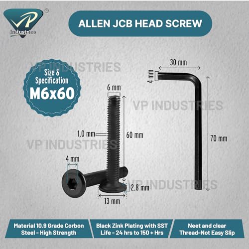 Image of Rely⇒VP INDUSTRIES (Pcs-15) M6x60mm Black JCB Allen Head Furniture Screw Fastener Bolt | Crib Bunk Bed Cot, Barrel Bolt | High Tensile Carbon Steel 10.9 Grade