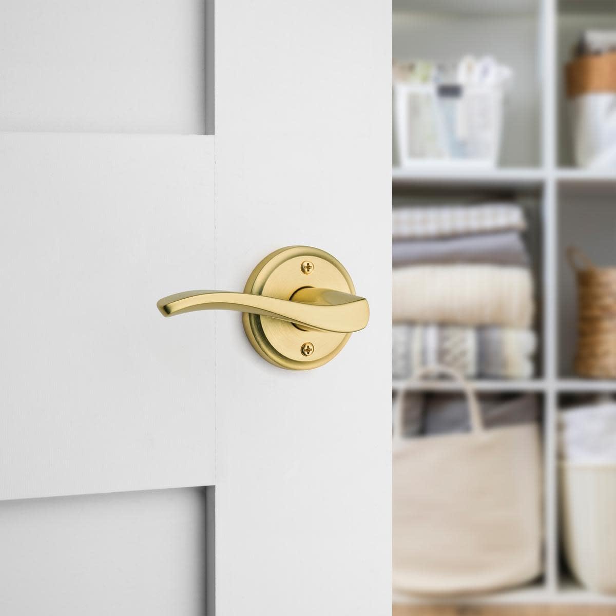 Kwikset Sedona Dummy Door Handle, Single Sided Lever for Closets, French Double Doors, and Pantry, Satin Brass Non-Turning Left Handed Interior Push/Pull Lever, with Microban Protection