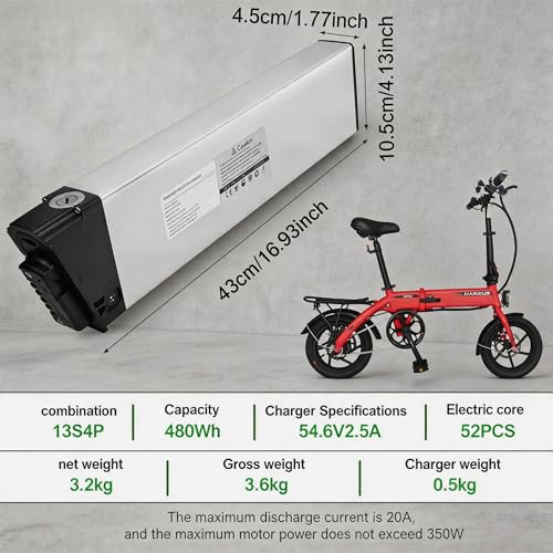 Image of 48V 10Ah Ebike Battery with Smart BMS & Safety Lock, 480Wh 13S4P 52-Cell Pack, Silver Aluminum - Powers 200W-350W Folding Electric Bikes, Compatible with SAMEBIKE KAISDA FIIDO M1 Pro (48-)