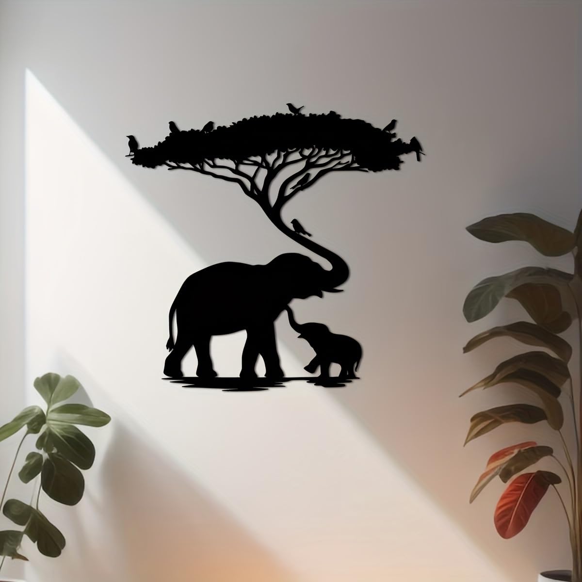 Decoración de pared abstracta contemporánea de metal, escultura Art Déco de madre y bebé elefante: elegante para el hogar moderno, regalo creativo para inauguración de casa, ideal 15.75" x 15.13"