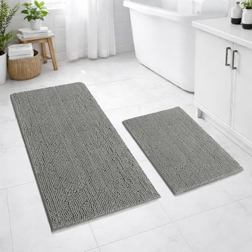 Image of LUXEHOME International Bath Mats for Bathroom Anti Slip Microfiber Chenille Super Absorbent Quick Dry Water Soak Floor Mat for Home Kitchen Door (45x75cm 60x120cm Grey) Pack of 2