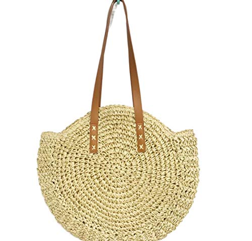 Sac Rotin, Marbeine Sac de Plage en Paille Femmes Ronde Osier Sac à Bandoulière Sac de Voyage (Beige)