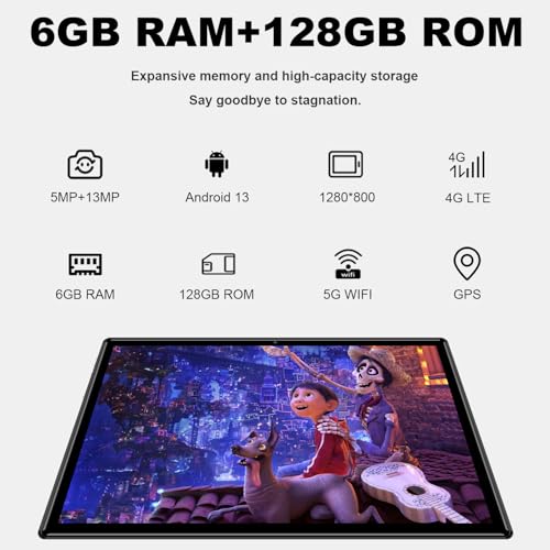 Image of Android Tablet 10 Inch, Octa-Core Android 13 Unlocked Tablet with SIM Card Slot, 128GB ROM+6GB RAM, 5MP+13MP Camera /5G WIFI GPS /BT /6000mAh /1280*800 IPS Screen /Cellular Tablet with Case (Black)
