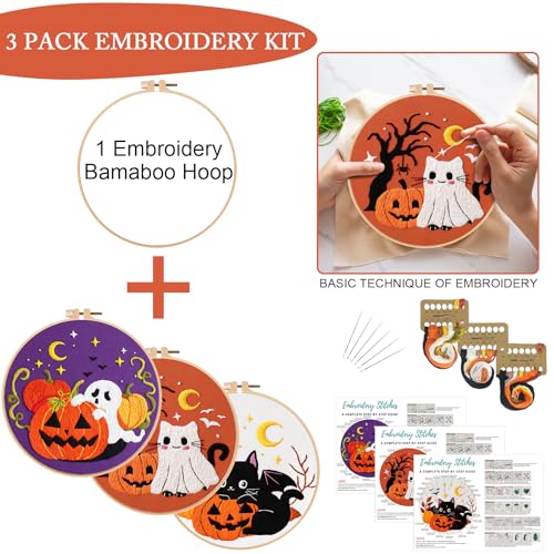 Image of Nuberlic Halloween Embroidery Kits - 3 Pack Easy Embroidery kit for Adults Beginners Starter Cross Stitch Kit DIY Needlepoint with Pre-Printed Fabric, Hoop, Thread, Needles & Step-by-Step Guide