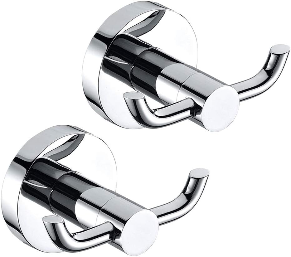 2PCS Bathroom Towel Hooks,Stainless Steel Brass Chrome Double Door Hooks, Wall Mount Screw Fixed Coat Hanger in Kitchen or Bedroom