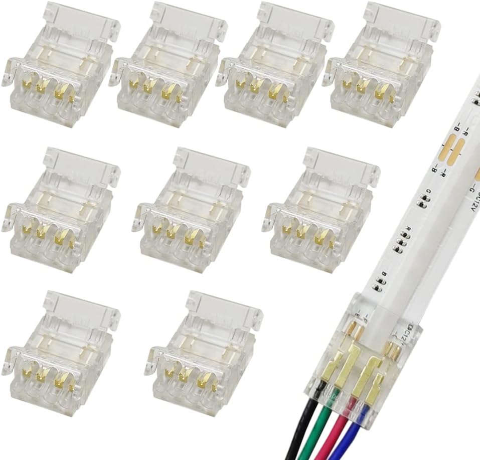 Masterwon 4-Pin COB LED Light Strip Connectors 10mm RGB Unwired Clips DIY Strip to Wire Solderless Adapter Terminal Extension Connection for 12v 24v COB Multicolored LED Strip Lights