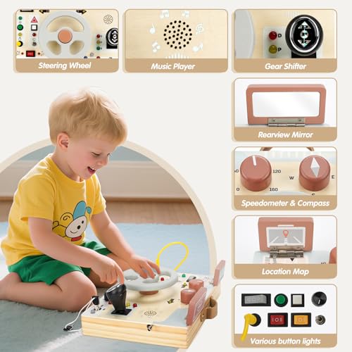 Image of Joyreal Montessori Driving Busy Board with LED Lights for Toddlers | Montessori LED Light Fine Motor Development Cause & Effect Learning Screen-Free Play