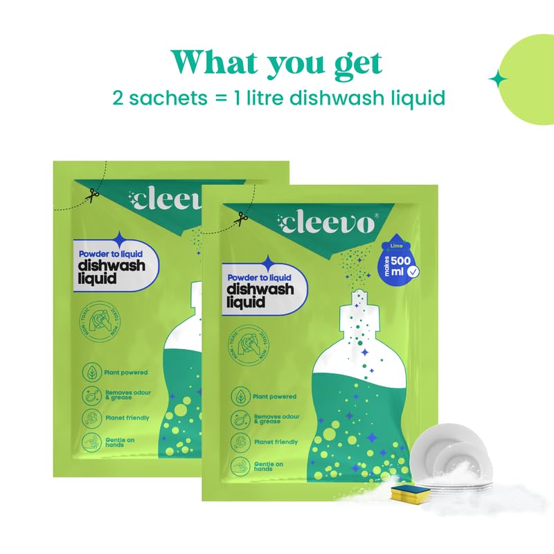 Image of Cleevo Dishwash Liquid Gel 1L Refill (2 Sachets makes 1 Litre), No Bottle| Powder to Liquid | Removes Oil, Grease & Burnt Residue | Non-Toxic, Kids & Pet Safe Dish Cleaner (Lime)
