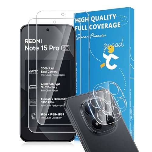 WILLONE Protector de Pantalla para Xiaomi Redmi Note 15 Pro 5G, Película de Vidrio Templado 2 Piezas+ Protector de Lente de Cámara 2 Piezas, 9H Dureza, HD Clara, Sin Burbujas, Antihuellas