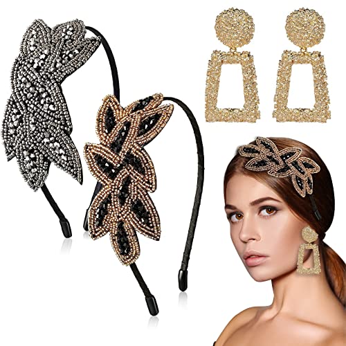 Vintage Kristall Stirnband 1920s, 2Pcs Flapper Haarreifen Kopfschmuck Blatt Perlen Fascinator Schwarz Stirnbänder Damen 20er Jahre Accessoires Kostüm Party Haarschmuck Enthält 1 Paar goldene Ohrringe Cover