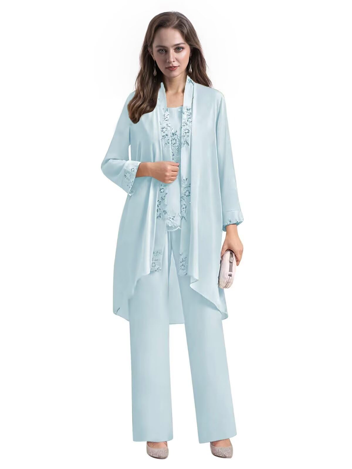 3 Pieces Chiffon Appliques Mother of The Bride Pant Suits Women Long Sleeve Lace Wedding Formal Outfits with