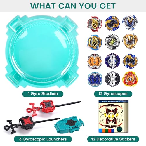 COCOFOX Burst Set, 12 Battling Tops 3 Right-Spin Launcher and 1 Stadium, Toys for 6 Year Old Boys & Girls & Up (Amazon Exclusive) Green - Thumbnail 6