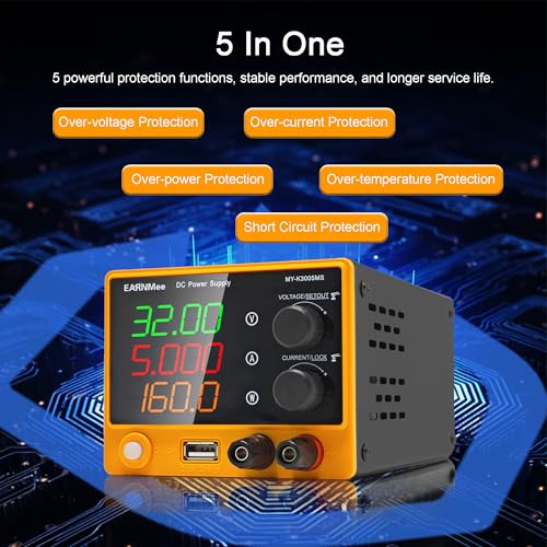 Image of DC Power Supply Variable, 30V 5A Adjustable Lab Bench Power Supply with 4-Digit Display, 18W USB Fast Charging, Output Switch & Protection Adjustment Knob