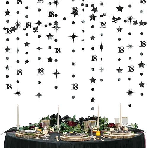 Image of Black 18th Birthday Decorations Number 18 Circle Dot Twinkle Star Garland Metallic Streamer Banner Backdrop for Girls Boys Happy 18th Birthday Time to Adult Cheers to 18 Years Old Anniversary Party