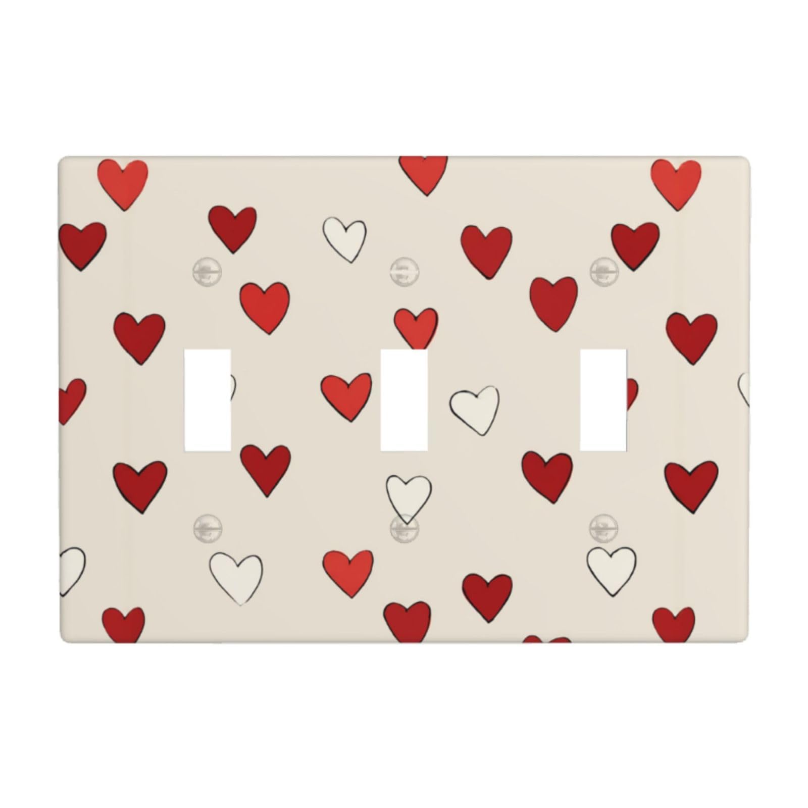 Simple Heart Pattern Red White Light Switch Covers 3 Gang Triple Toggle Wall Plate Switchplate Electrical Faceplate for Bathroom Kitchen Bedroom Decor