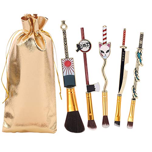 Demon Slayer Makeup Brush Set - 5pcs Anime Peripheral Kimetsu No Yaiba Makeup Brushes Anime Weapon Series Metal Handle Makeup Tools Gift for Fans (Gold)
