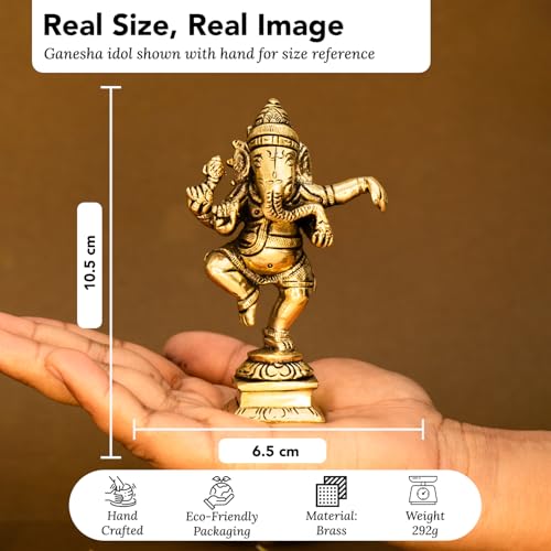 Image of Ekhasa 100% Pure Brass Ganesha Idol (Size: 10.5 cm) | Pital Ganesh Murti for Pooja Room, Home Decor, Office Desk and Car Dashboard | Vinayagar Statue for Diwali Puja